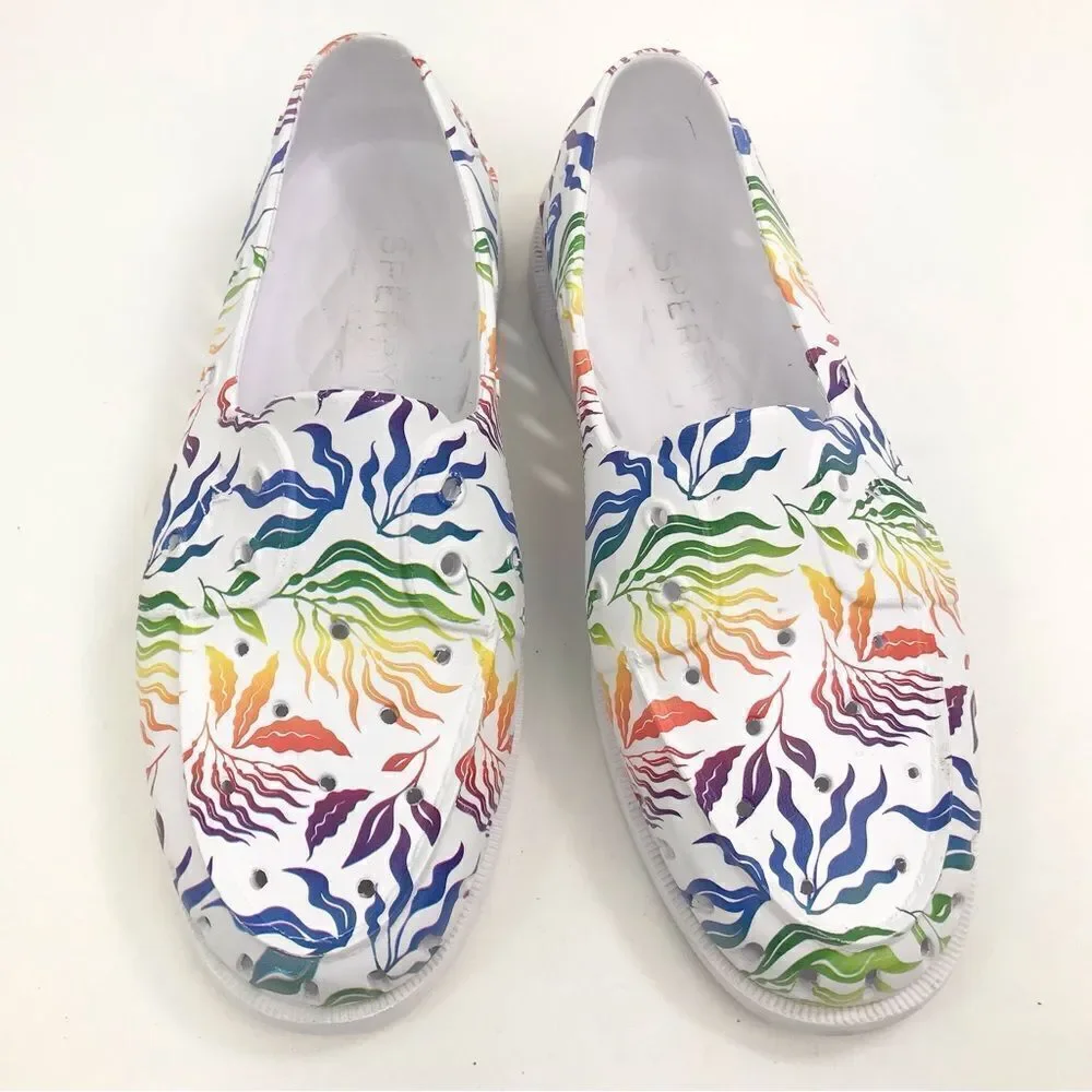 Sperry TopSider White Multicolor Tropical Rainbow Pride Unisex Floater Loafers